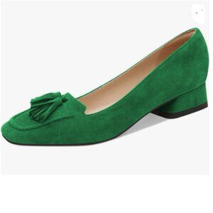 YDN Green Block Low Heel Loafer Square Toe Tassel Fringe Pump Slip On Dress Shoe